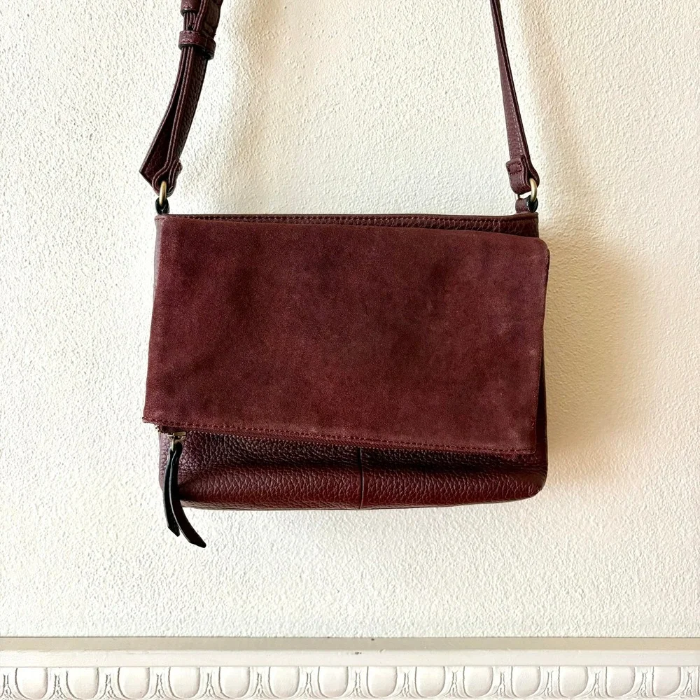 Tignanello Burgundy Pebbled Leather Suede Double Foldover Crossbody Shoulder Bag - Picture 8 of 16